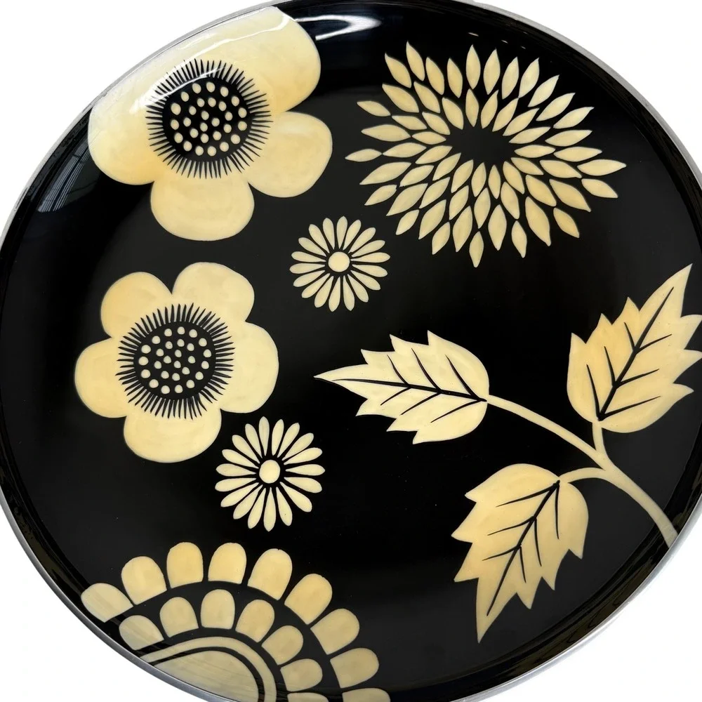Black Floral Serving Tray Round Metal Retro Boho Mid Century 14 In Made in India
